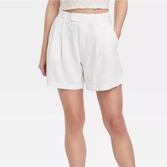 A NEW DAY Tailored Linen Blend Short 2 White High Rise Pleated Summer Neutral - Picture 12 of 12
